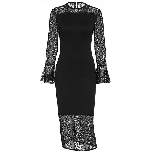 Damen elegantes Spitzenkleid mit weitem Arm und fließendem Saum EB
