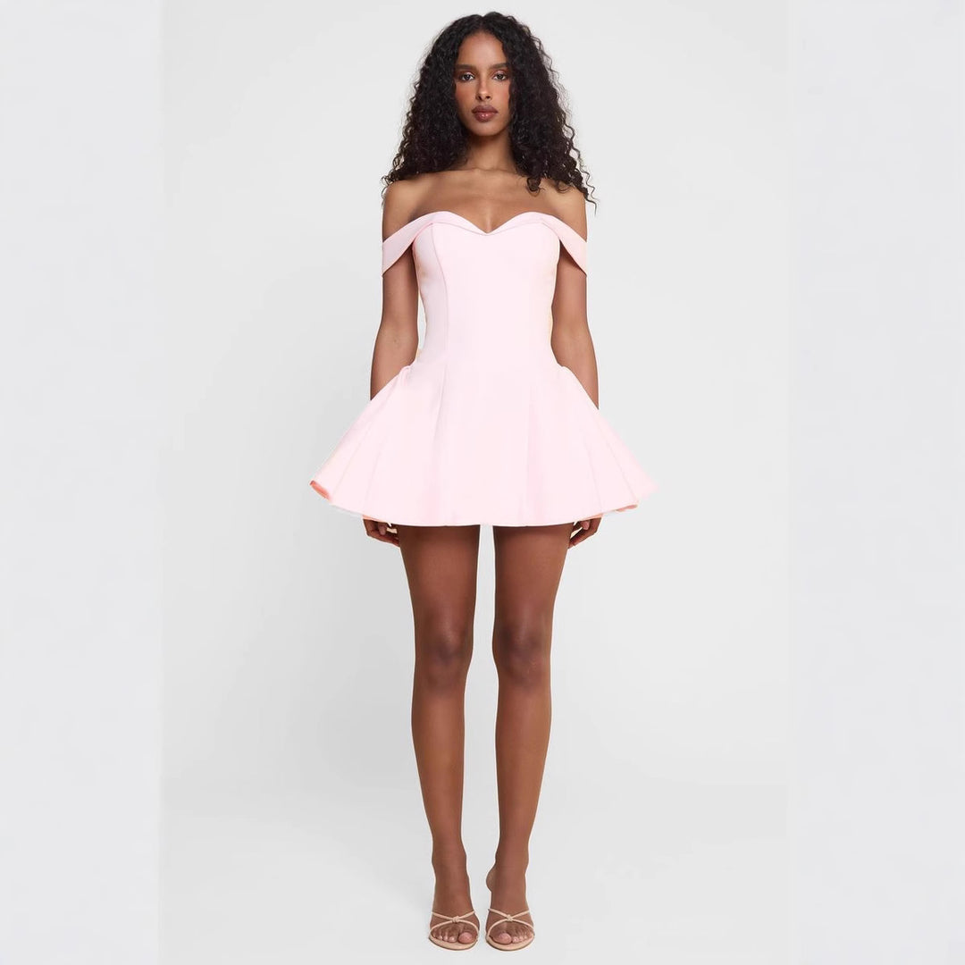 Damen nan schulterfreies tailliertes Skaterkleid mit herzförmigem Ausschnitt und Eingrifftaschen EB