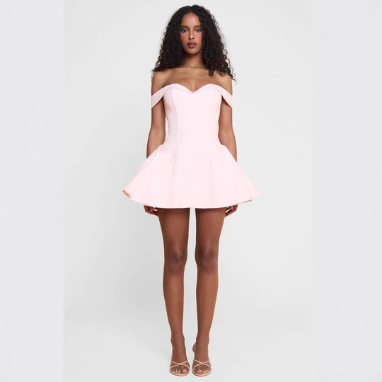Damen nan schulterfreies tailliertes Skaterkleid mit herzförmigem Ausschnitt und Eingrifftaschen EB