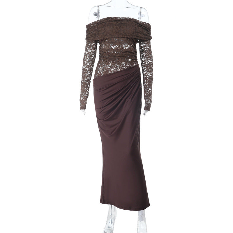 Damen Elegantes Abendkleid mit schulterfreiem Design und Spitzenärmeln EB