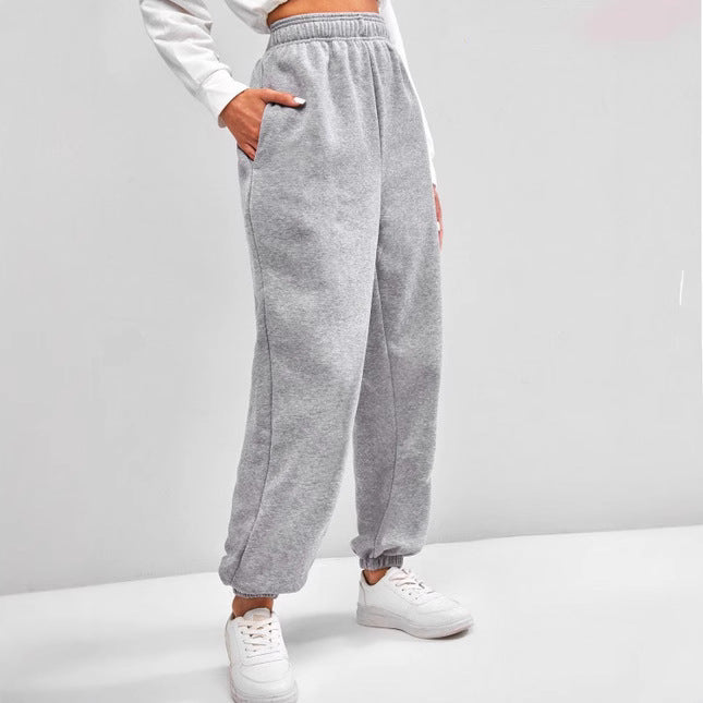 Damen nan hochgeschnittene Relax-Fit Jogginghose mit elastischem Bund, Seitentaschen und gerafften Beinbündchen EB