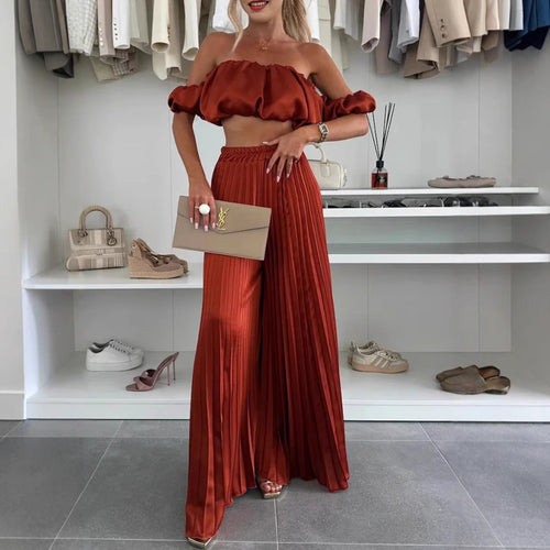 Damen Elegantes Set mit schwingendem Oberteil und plissierten Hosen EB