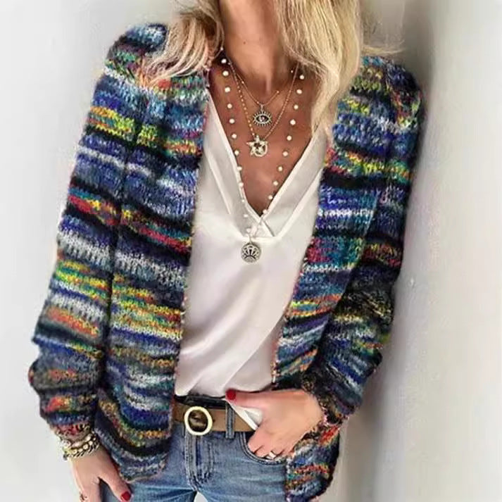 Damen Offen gestrickte Cardigan mit bunten Streifen und lässigem Schnitt EB