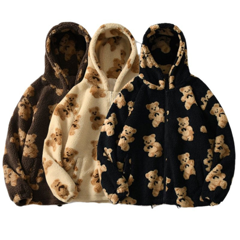 Damen gemütliche Fleecejacke mit Kapuze und süßem Bärenmuster EB