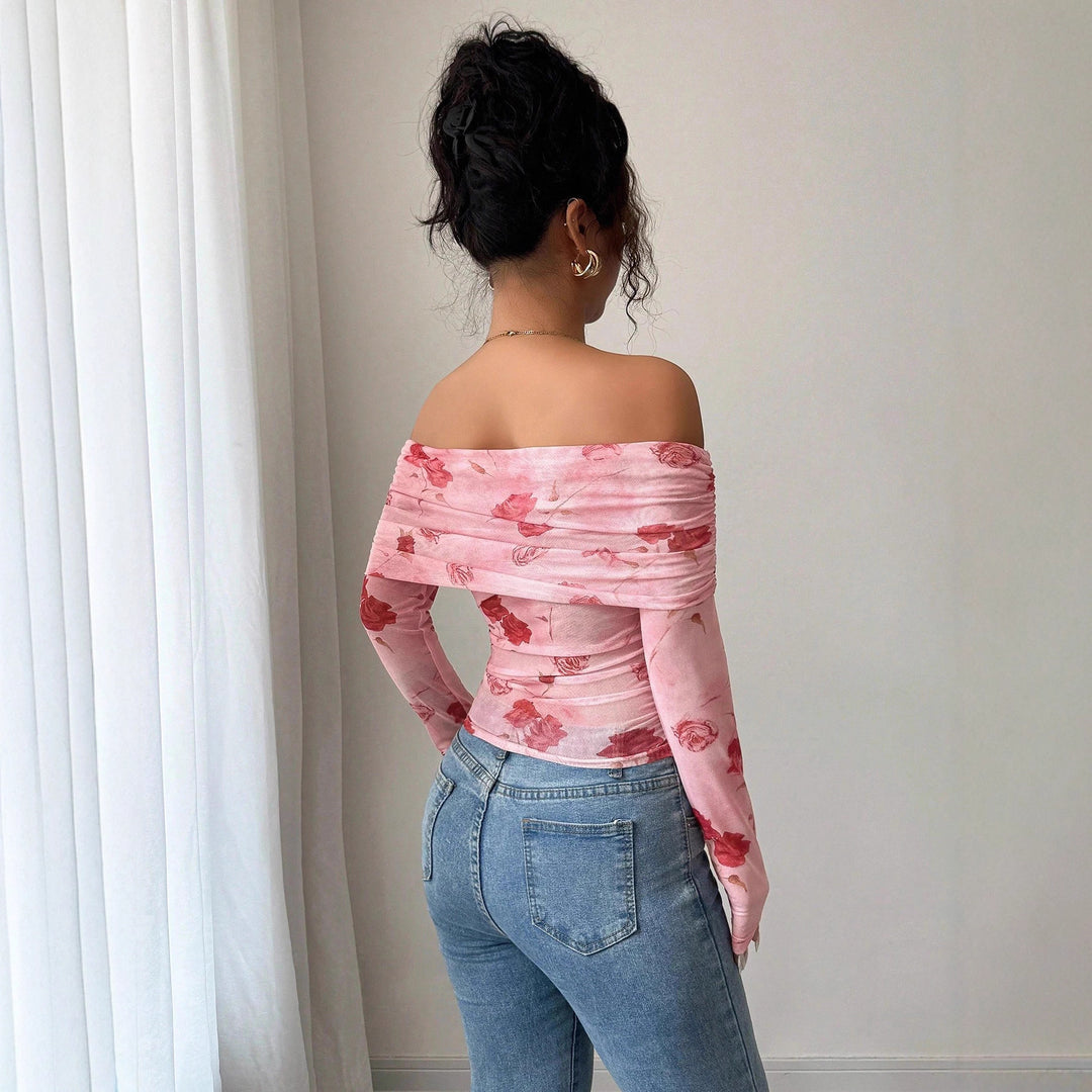 Damen nan schulterfreies gerafftes Langarm-Oberteil aus feinem Mesh mit floralem Print und taillierter Silhouette EB