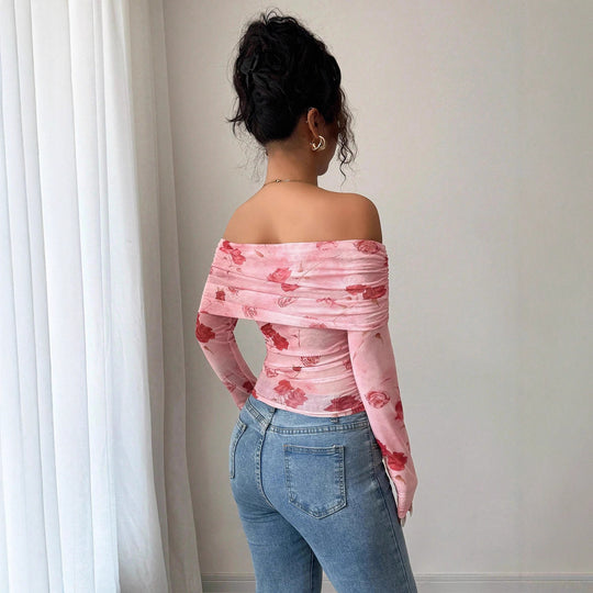 Damen nan schulterfreies gerafftes Langarm-Oberteil aus feinem Mesh mit floralem Print und taillierter Silhouette EB