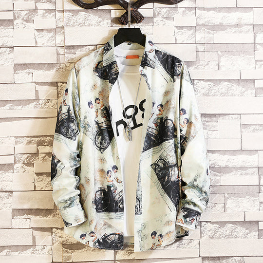 Herren nan langärmliges Hemd mit offenem Reverskragen, kontrastivem Blumenprint und lässiger Regular-Fit Silhouette EB