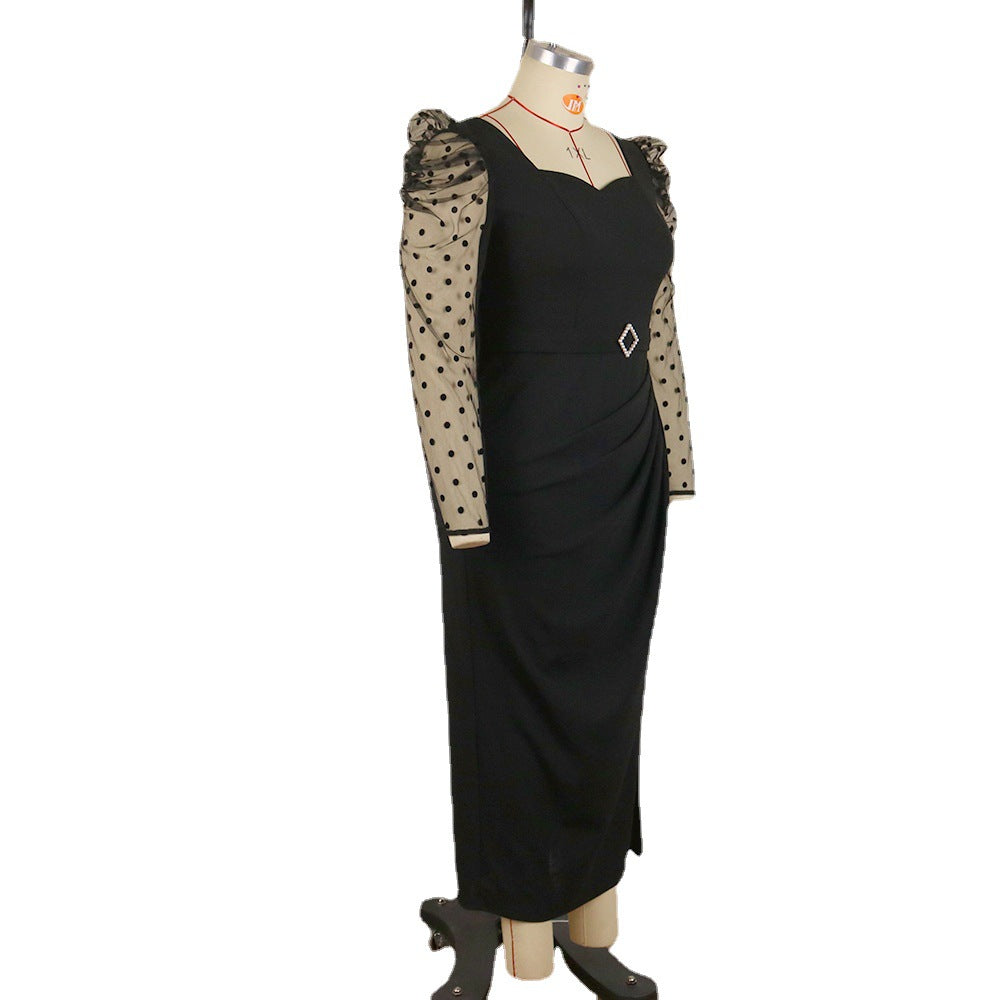 Damen elegantes Midi-Kleid mit transparenten Puffärmeln und zartem Rüschenakzent EB