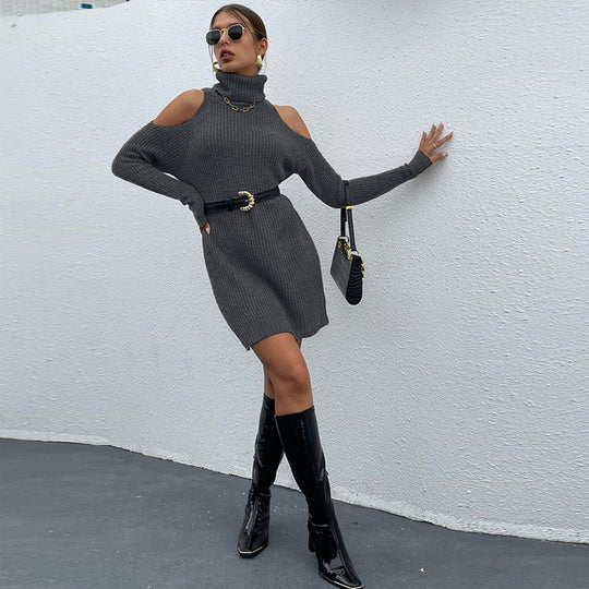 Damen Strickkleid mit schickem Rollkragen und offenen Schultern EB