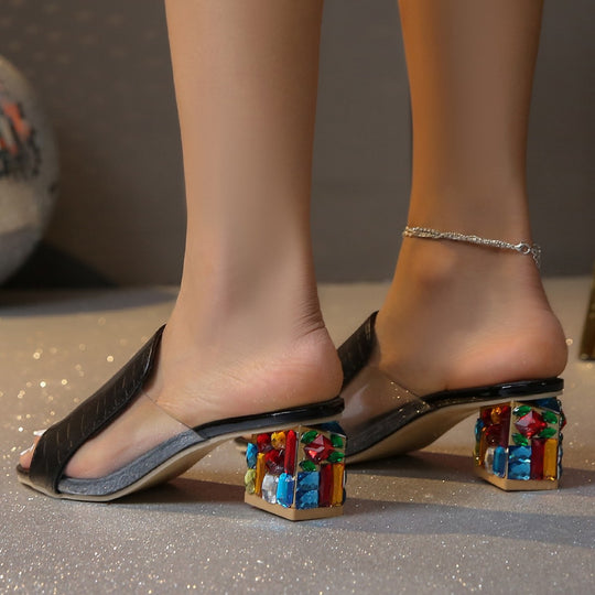 Damen Mules mit buntem Blockabsatz und eleganter Oberflächenstruktur EB