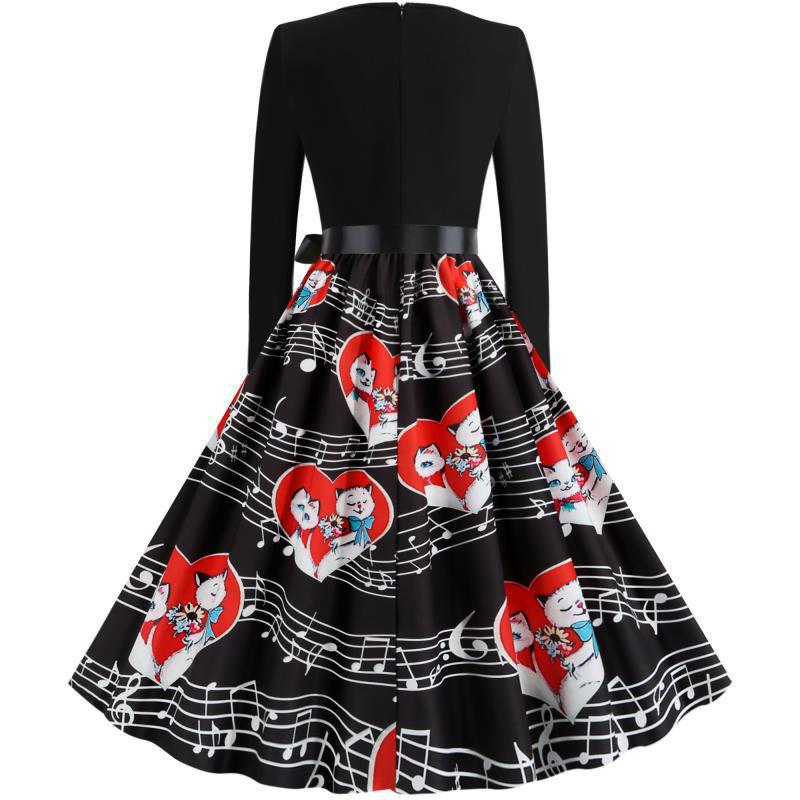 Damen Retro Swing-Kleid im Vintage-Stil mit A-Linie, langärmlig und Taillenschleife EB