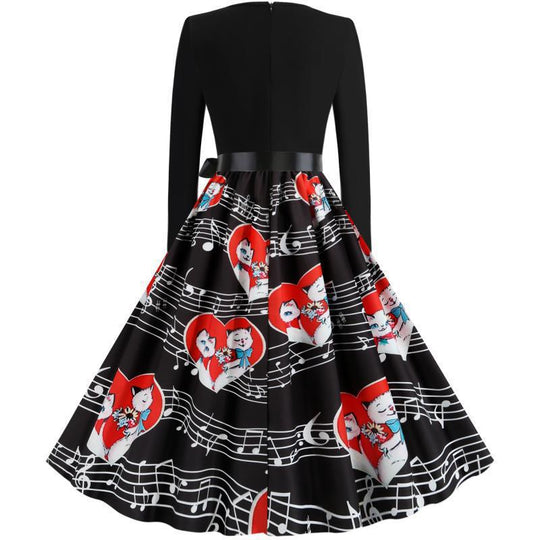 Damen Retro Swing-Kleid im Vintage-Stil mit A-Linie, langärmlig und Taillenschleife EB