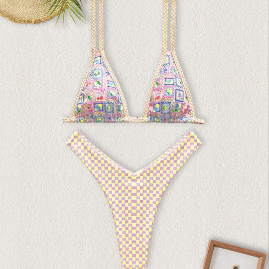 Damen Triangel-Bikini mit buntem Patchwork-Muster EB