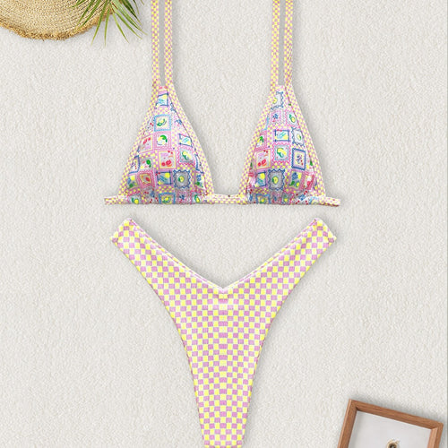 Damen Triangel-Bikini mit buntem Patchwork-Muster EB