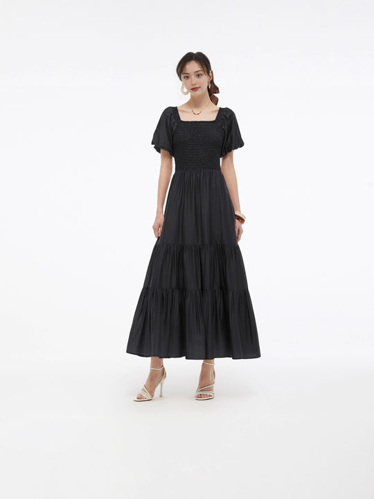 Damen Maxikleid mit voluminösem Rock und Blumenmuster EB