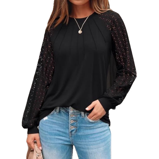Damen Langarm-Bluse mit Spitzeneinsätzen und Kellerfalten EB