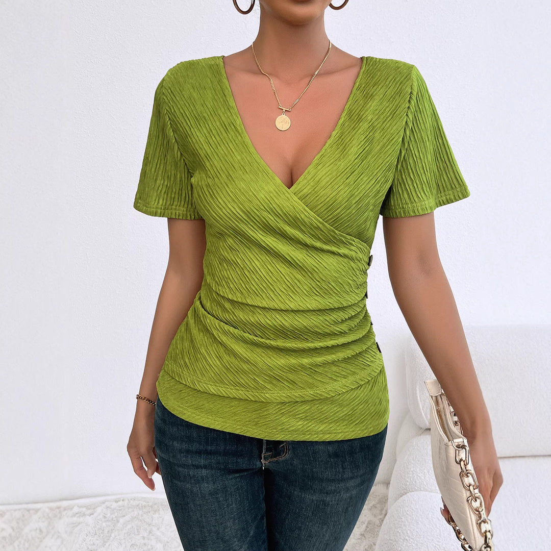 Damen Wickelbluse mit raffinierten Falten und Knopfdetails EB