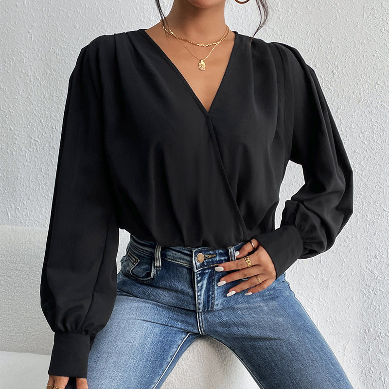 Damen elegante Bluse mit voluminösen Ärmeln und tiefem V-Ausschnitt EB