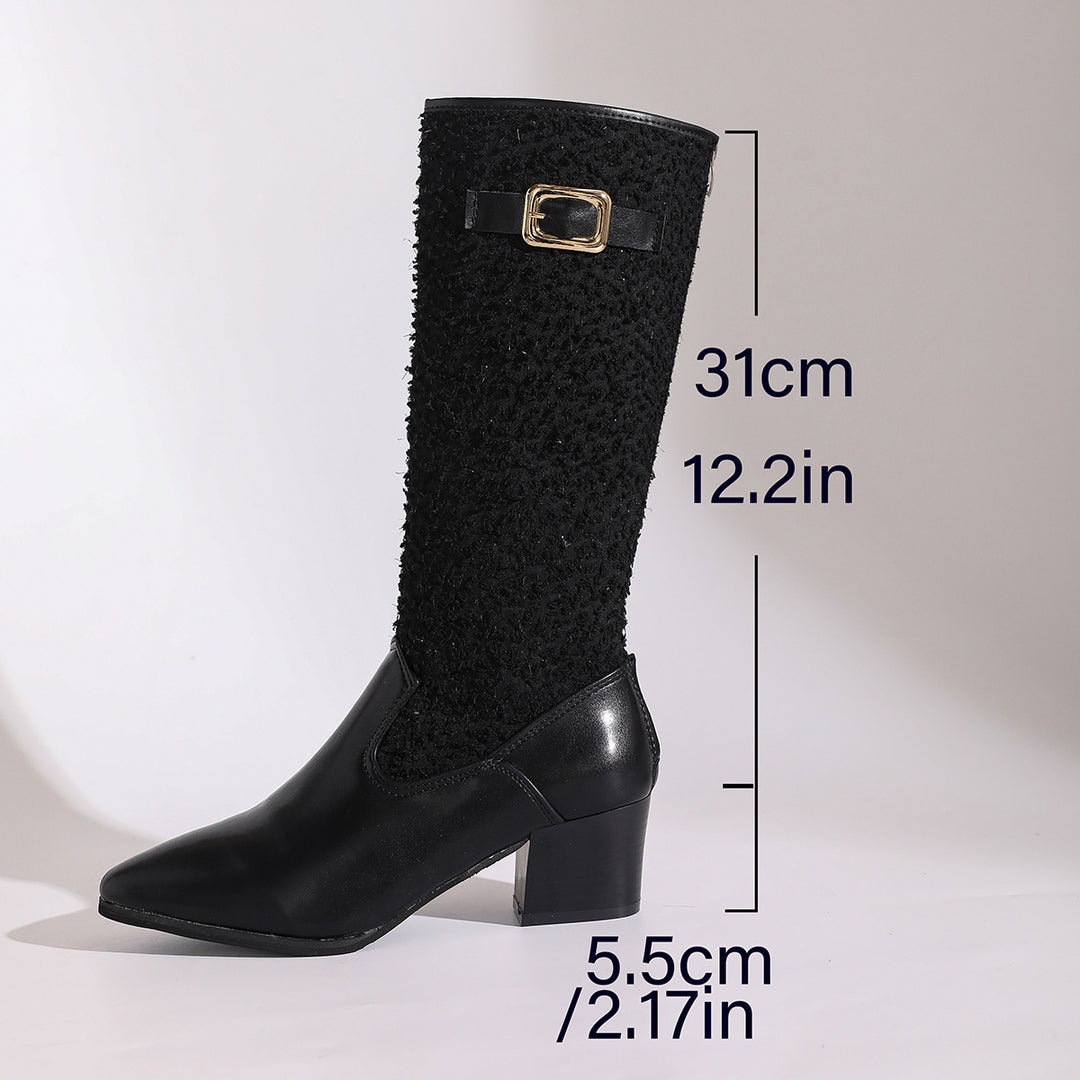 Damen modische Overknee-Stiefel mit elegantem Strickmuster und komfortablem blockiertem Absatz EB