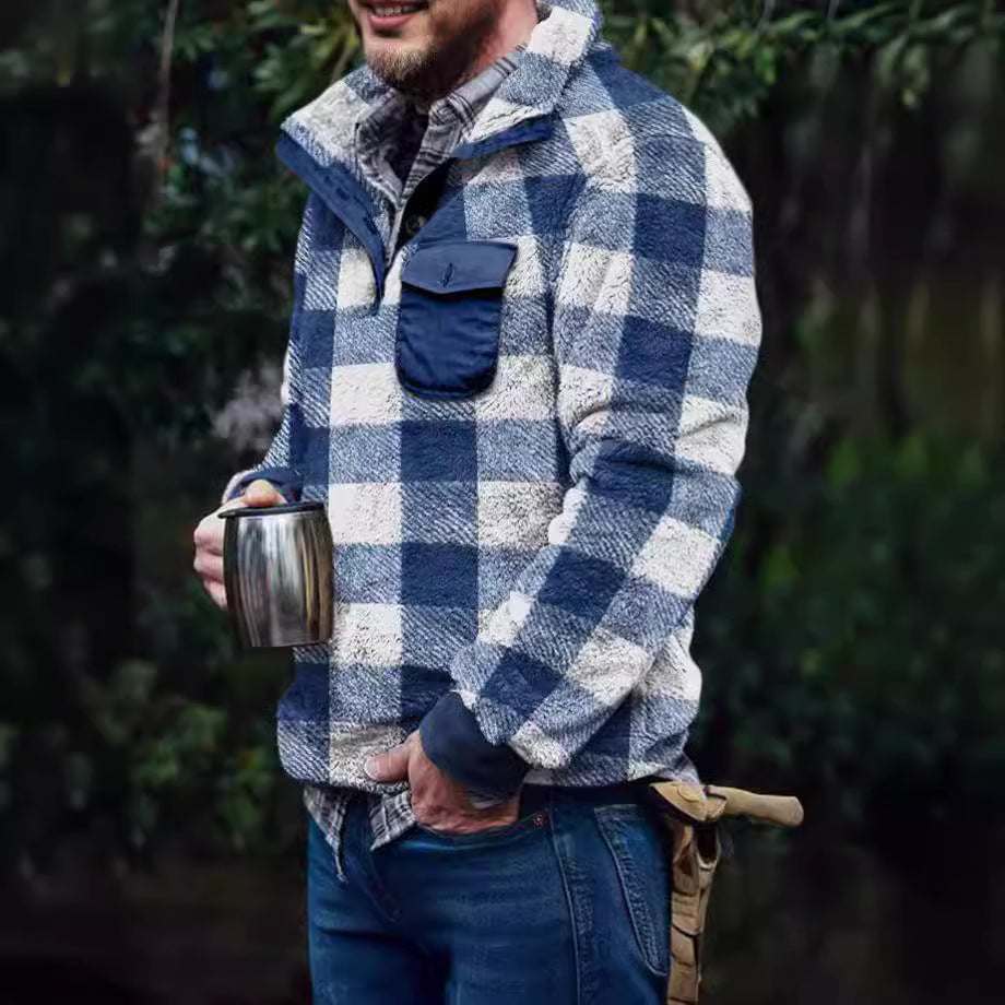 Herren Fleece-Pullover mit Karomuster und Hohem Kragen EB