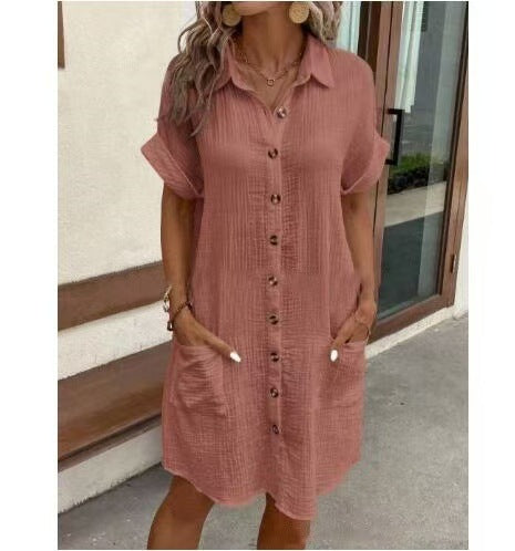 Damen lässiges Hemdblusenkleid mit Knopfdetails und Taschen EB