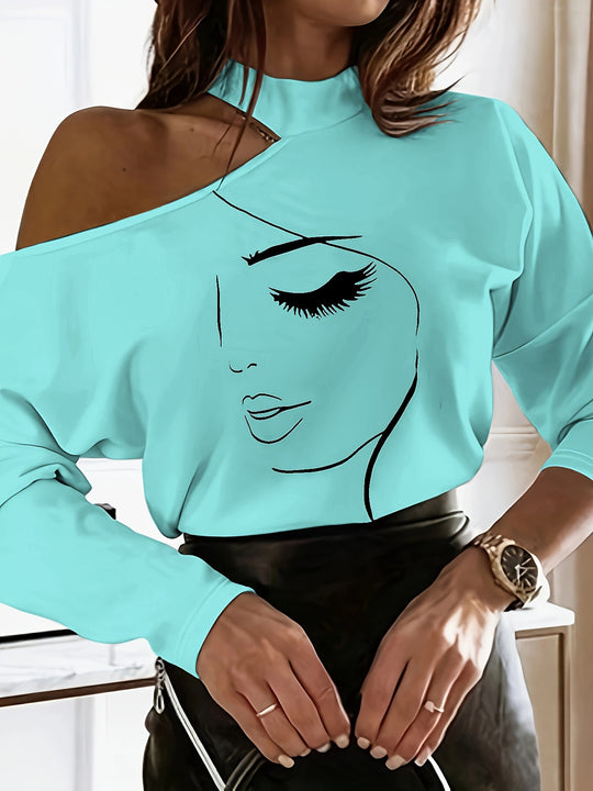 Damen Designer Off-Shoulder Shirt mit stylischem Gesichtsdruck EB