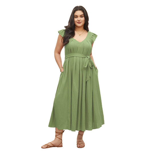 Damen Maxikleid mit fließendem Rock und dekorativen Rüschendetails EB