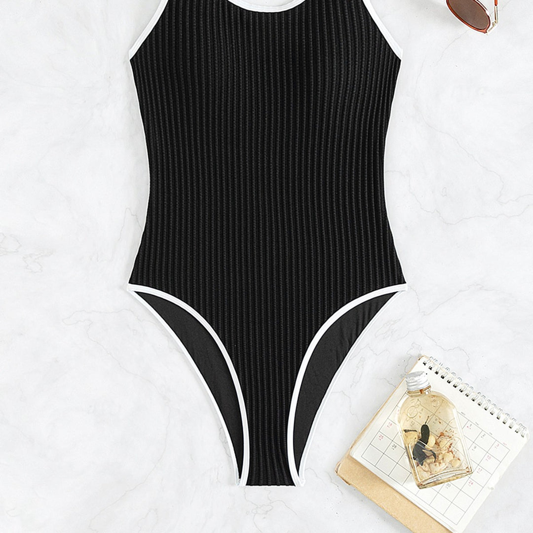 Damen einteiliger Badeanzug mit strukturiertem Rippendesign und eleganten Kontrasten EB