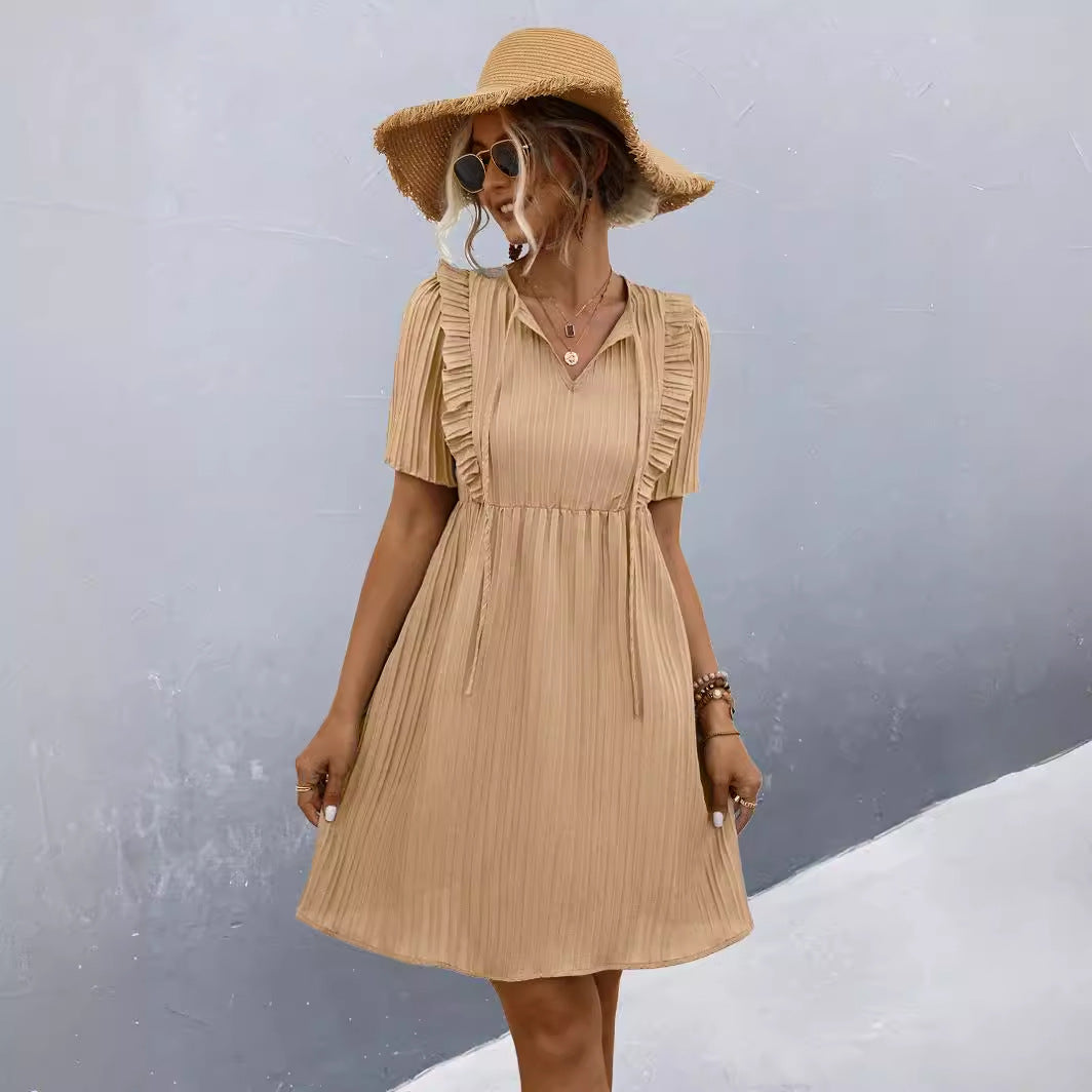 Damen Freizeitkleid mit Falten-Design und Rüschendetails EB