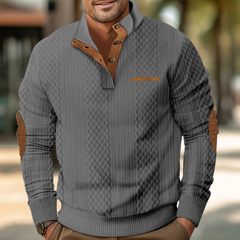 Herren nan strukturierter Stehkragen-Pullover mit halber Knopfleiste und Ellbogen-Patches EB