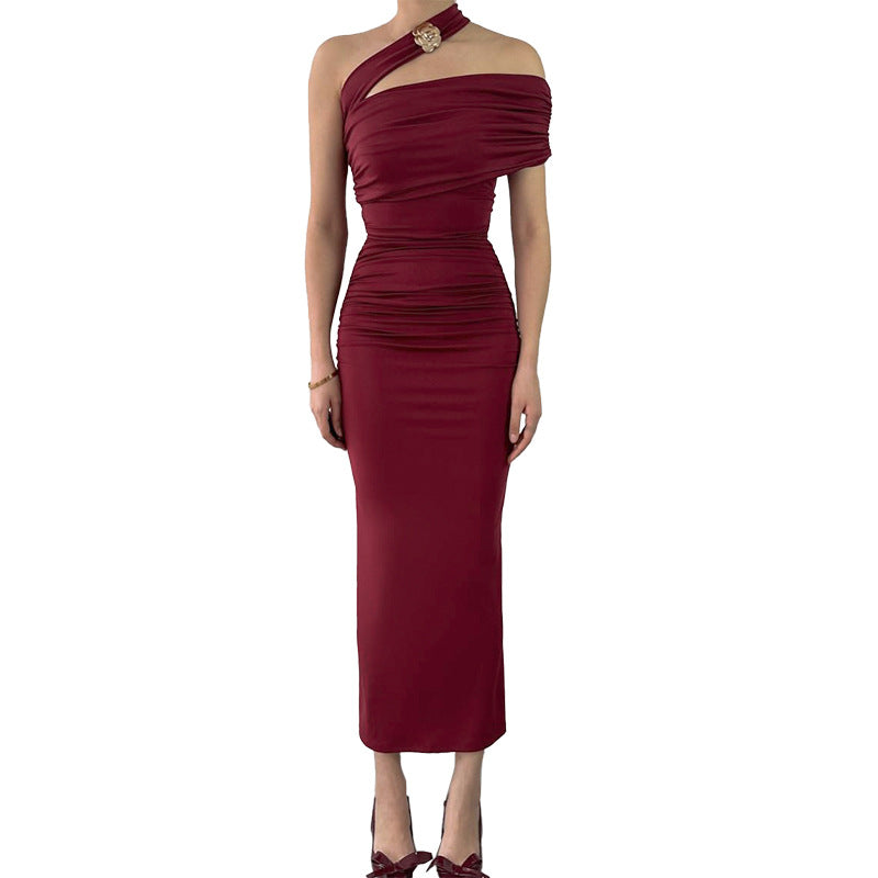 Damen Elegantes Rüschen-Maxikleid mit asymmetrischem Träger EB