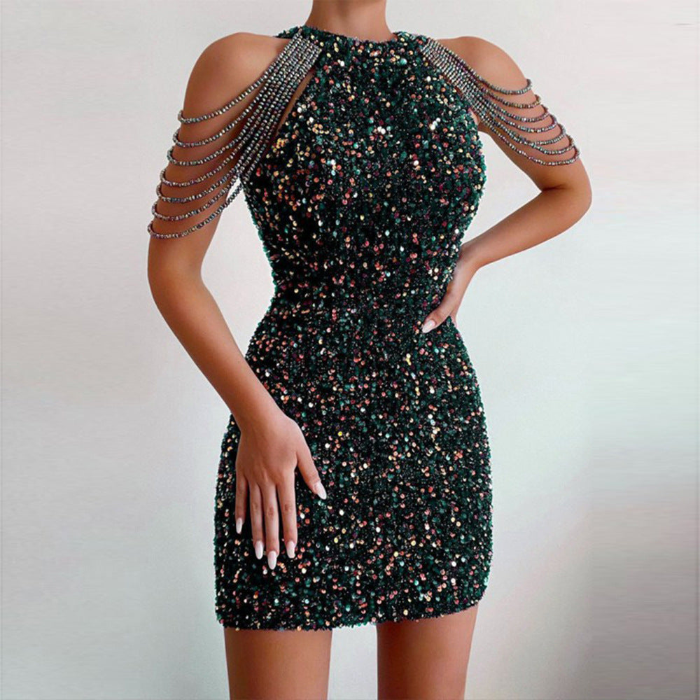 Damen Mini-Kleid mit glänzender Paillettenverzierung und eleganten Kettenärmel EB