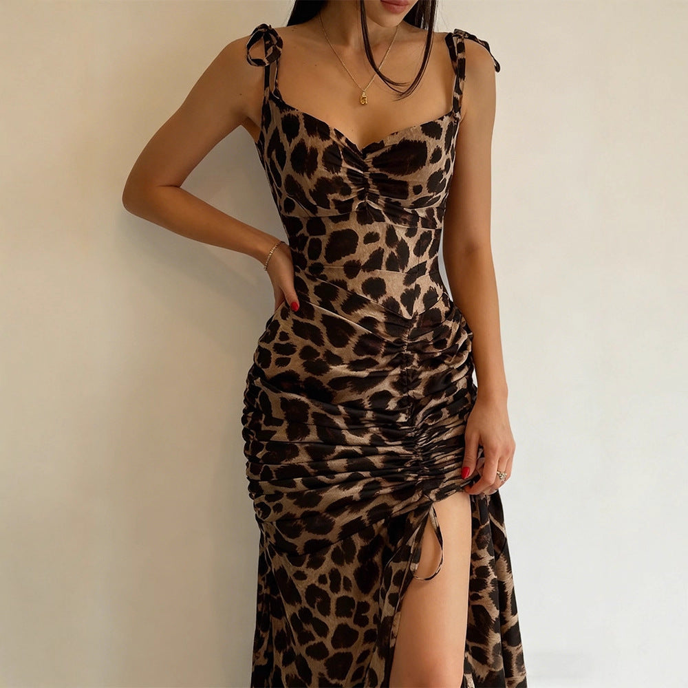 Damen Elegantes Maxikleid mit Leopardenmuster und seitlichem Schlitz EB