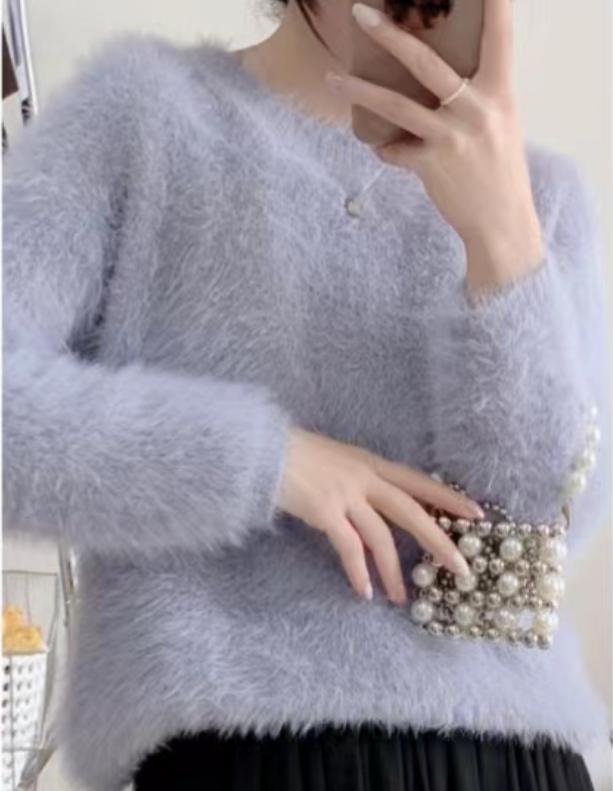 Damen modischer cropped Pullover mit weichem Flausch-Material EB