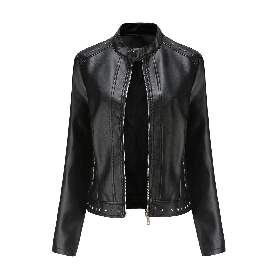 Damen nan kurze taillierte Kunstlederjacke mit Stehkragen Zwei-Wege-Reißverschluss und Ziernietensaum EB