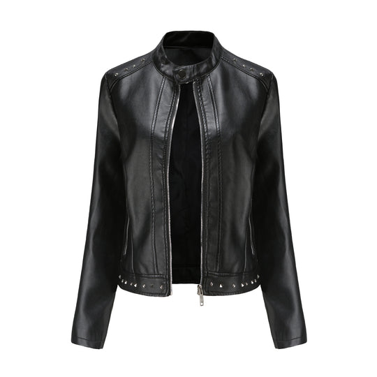 Damen nan kurze taillierte Kunstlederjacke mit Stehkragen Zwei-Wege-Reißverschluss und Ziernietensaum EB