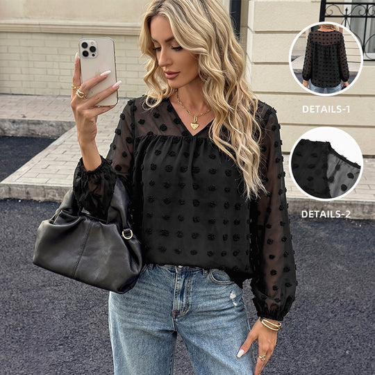 Damen Elegante Chiffonbluse mit 3D-Pompon-Applikation, V-Ausschnitt und elastischen Manschetten EB