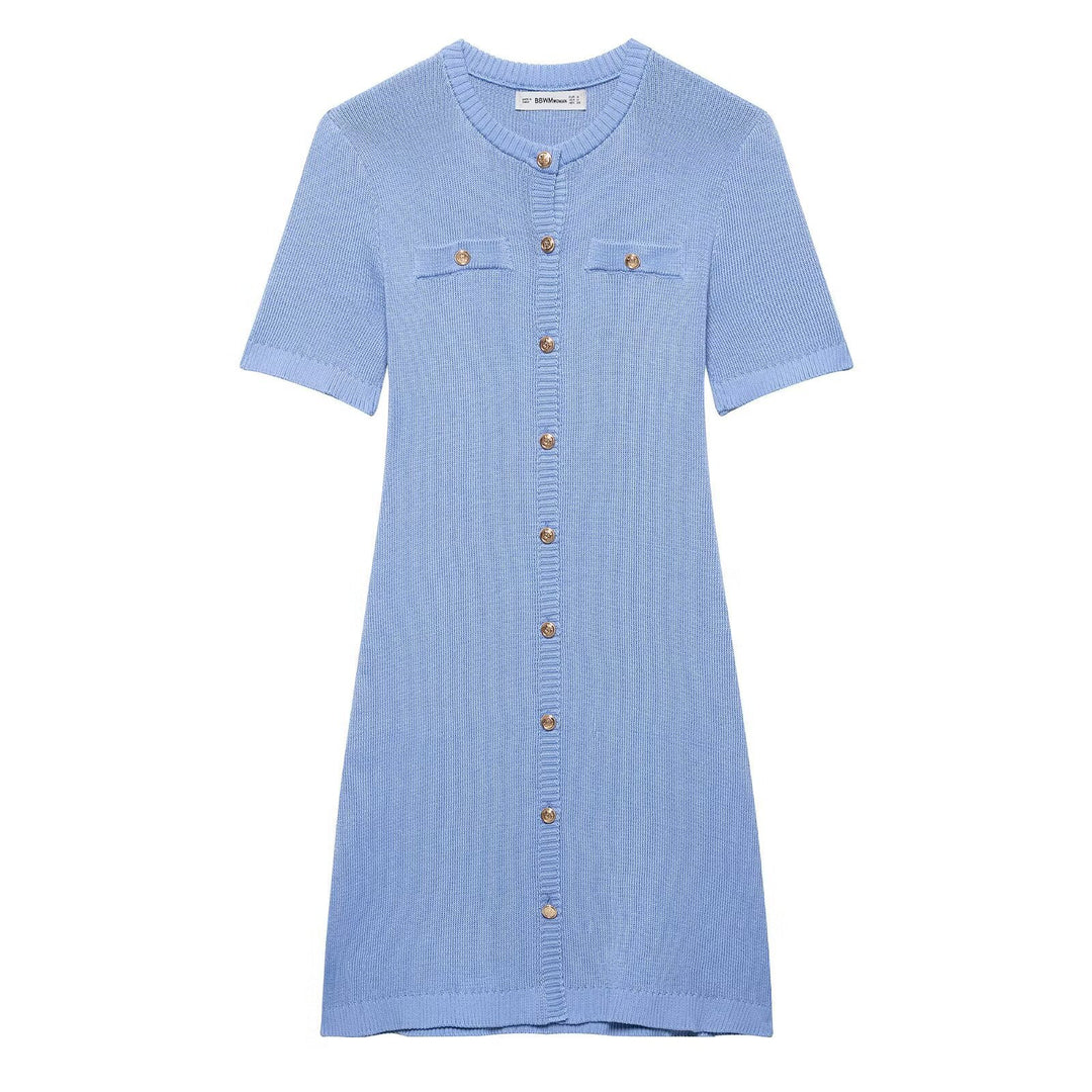 Damen Strickkleid mit kurzen Ärmeln und Knopfleiste EB
