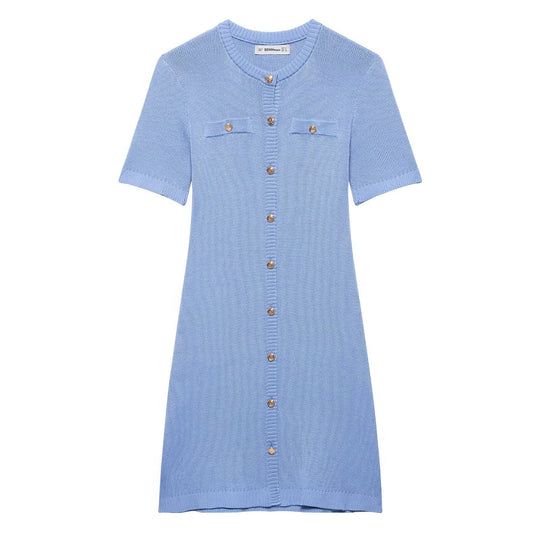 Damen Strickkleid mit kurzen Ärmeln und Knopfleiste EB