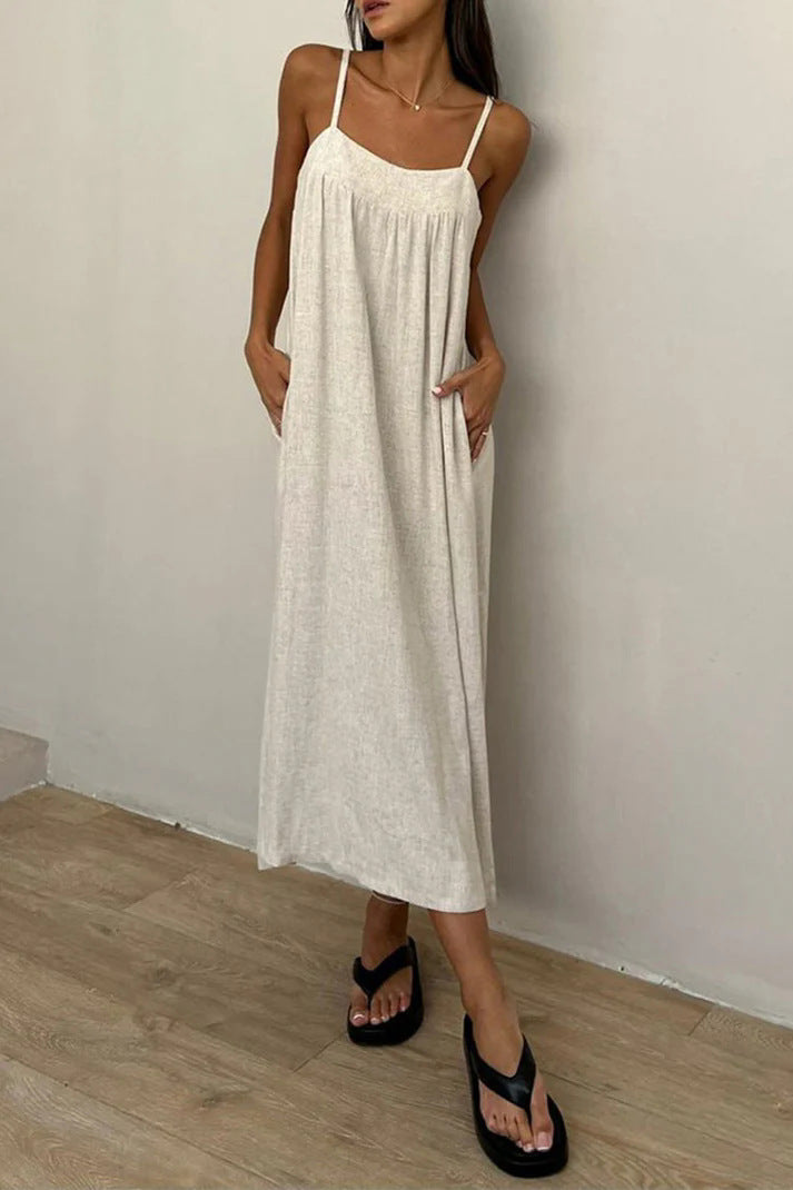 Damen luftiges Maxikleid mit breitem Schnitt und praktischen Taschen EB