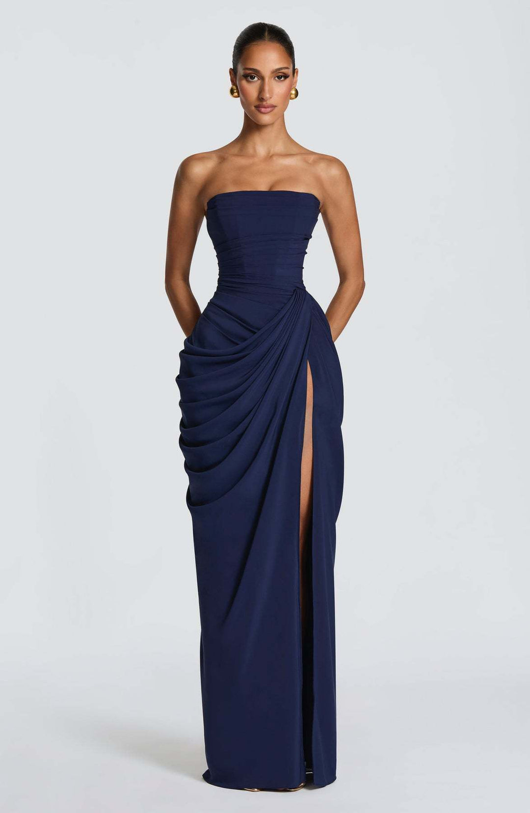 Damen Elegantes Langarm Abendkleid mit asymmetrischer Drapierung und schmalem Schlitz EB