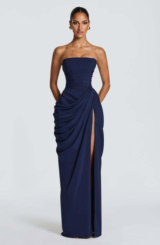 Damen Elegantes Langarm Abendkleid mit asymmetrischer Drapierung und schmalem Schlitz EB