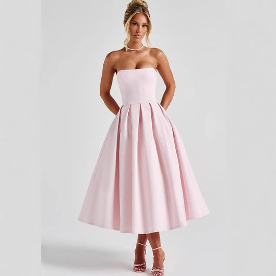 Damen Elegantes Midi-Kleid mit schwingendem Rock und raffiniertem Bandeau-Ausschnitt EB