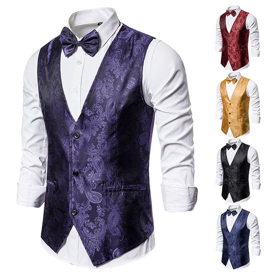 Herren nan taillierte Satinweste mit ornamentalem Jacquardmuster, V-Ausschnitt und drei Knöpfen EB
