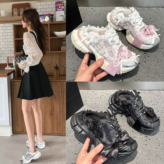 Damen Chunky-Sneaker-Mule mit Satin‑Schleife und Spitzenapplikation EB