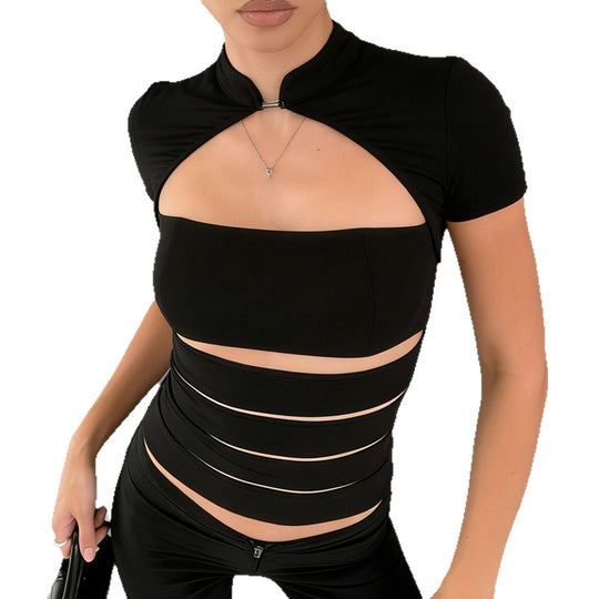 Damen Cropped Blusenshirt aus strapazierfähigem Stretchmaterial mit elegantem Stehkragen EB