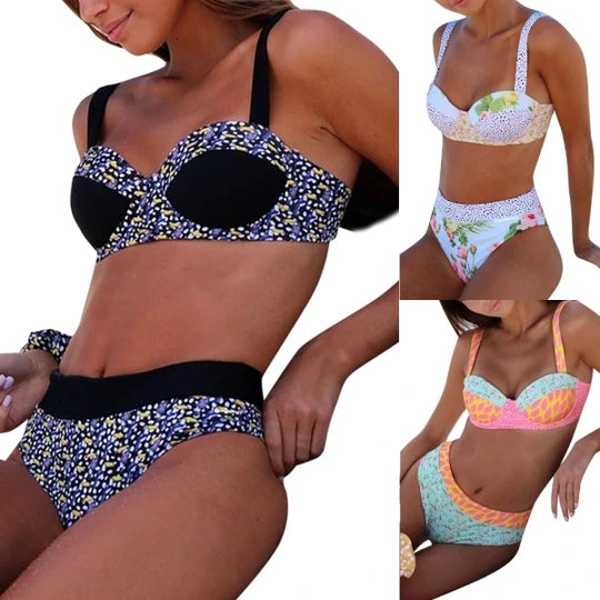 Damen Triangel-Bikini-Set mit Raffung und modischem Muster EB