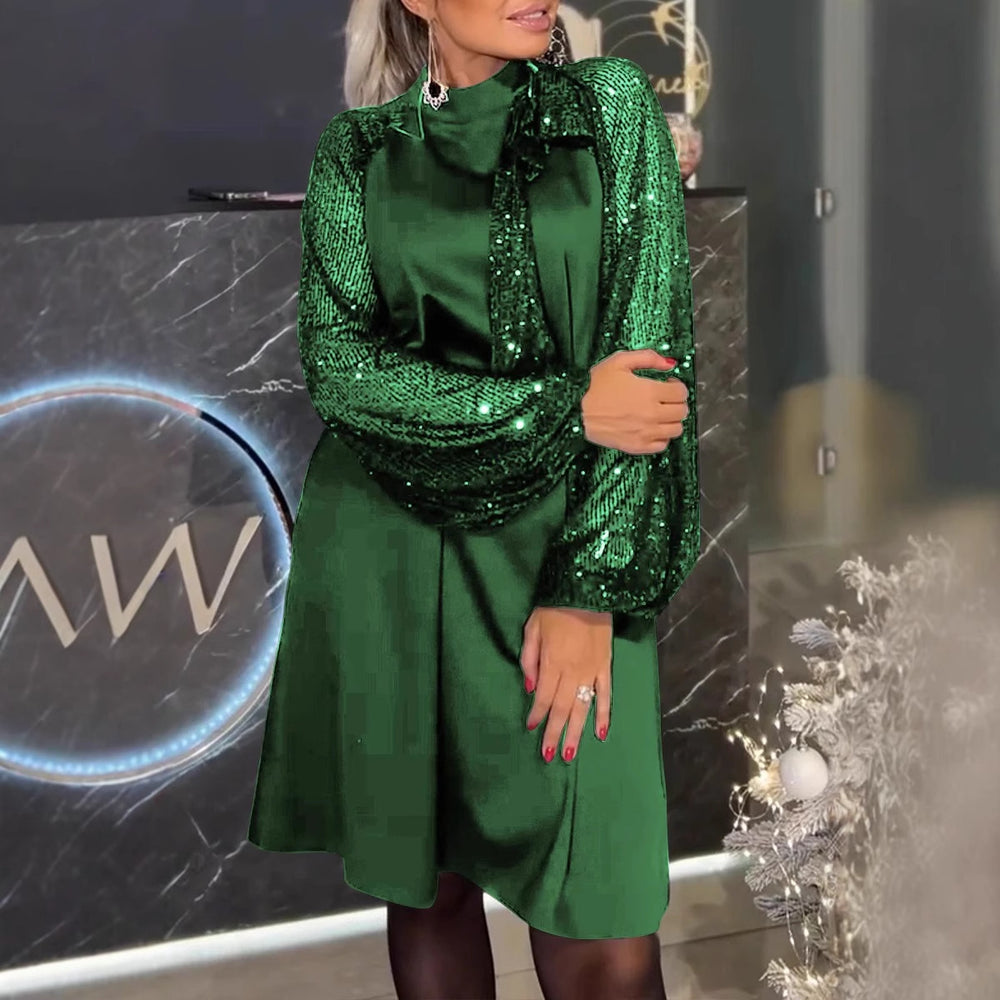 Damen Elegantes Kleid mit glitzernden Ärmeln und festlichem Kragen EB