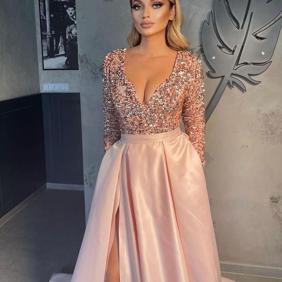 Damen Glamouröses Abendkleid mit tiefem V-Ausschnitt und schimmernden Pailletten EB