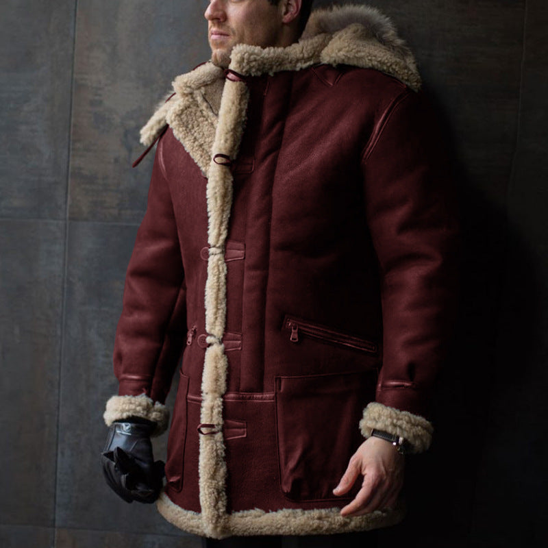 Herren Lammfell-Mantel mit Kapuze und praktischen Taschen EB